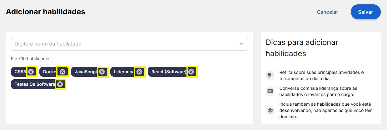 How do I add, rate, and delete my skills in the Career Center?